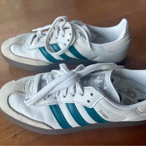 Adidas Leather Sambas - white, cream, and teal